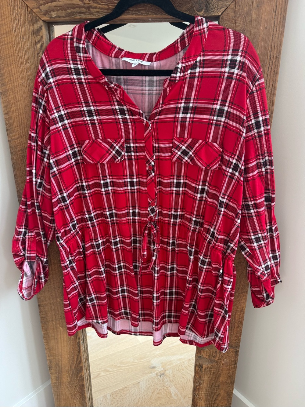 Red Plaid Button-Front Tunic Blouse